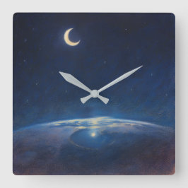 Halbmond aus dem Weltraum - Pastell-Malstil Quadratische Wanduhr
