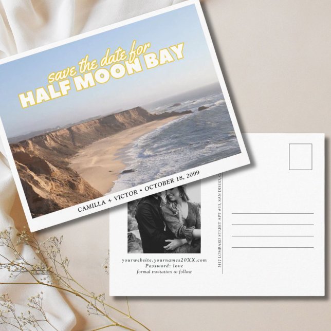 Halbmond-Hochzeit speichern Sie das Datum Postkart Postkarte (Half Moon Bay Wedding Save the Date)