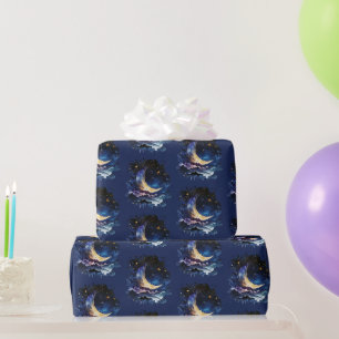Halbmond Sterne Himmelblau Halloween Geschenkpapier