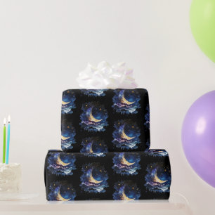 Halbmond Sterne Himmelsschwarz Halloween Geschenkpapier
