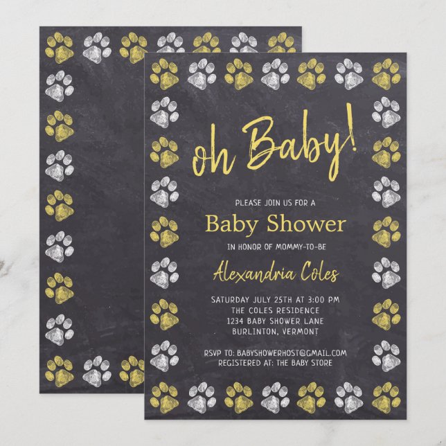 Halbpension Graue gelbe Paw Print Baby Dusche Einladung (Vorne/Hinten)