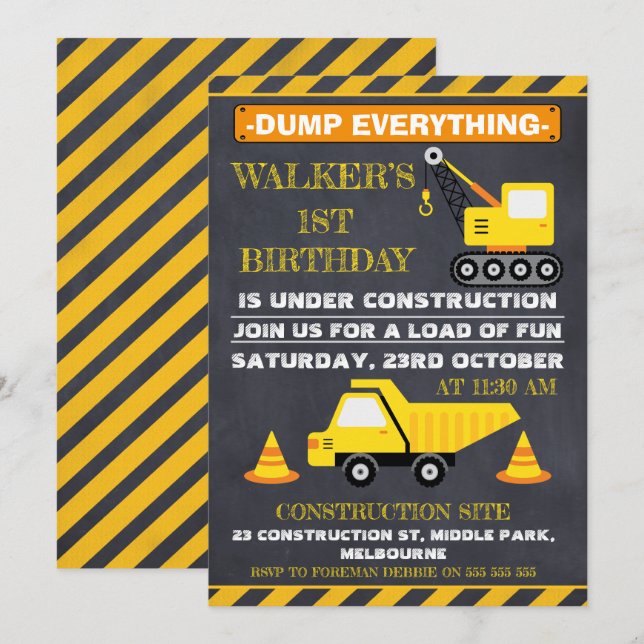 Halbpension im Bau Geburtstagsfeier Einladung (Vorne/Hinten)