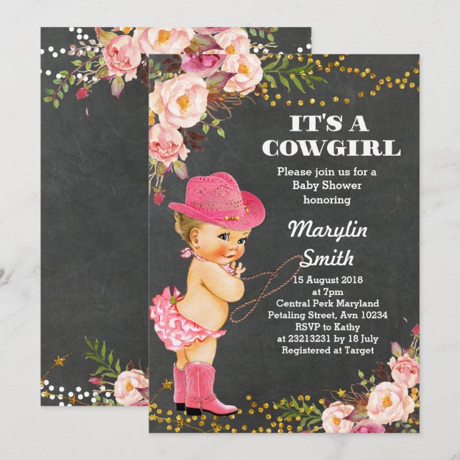 Halbpension Rustikale Cowgirl Babyduschkarte Einladung (Vorne/Hinten)