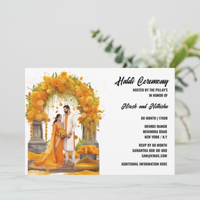 Haldi Blumen vor der Hochzeit Zeremonie turmerisch Einladung (Stehend Vorderseite)