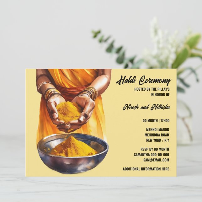 Haldi indian vor der Hochzeit Zeremonie turmerisch Einladung (Stehend Vorderseite)