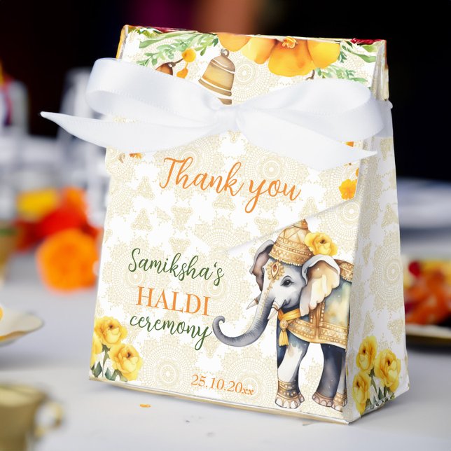 Haldi-Indische Hochzeit Elefanten gelbe Blumen Gef Geschenkschachtel (Haldi Indian wedding cute decorated elephant yellow flowers favors personalized  Favor Box)