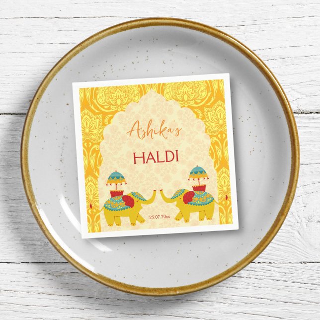 Haldi-Indische Hochzeitelefanten gelb Serviette (Haldi napkins yellow jolly Indian wedding cute elephants arch border yellow pattern background)