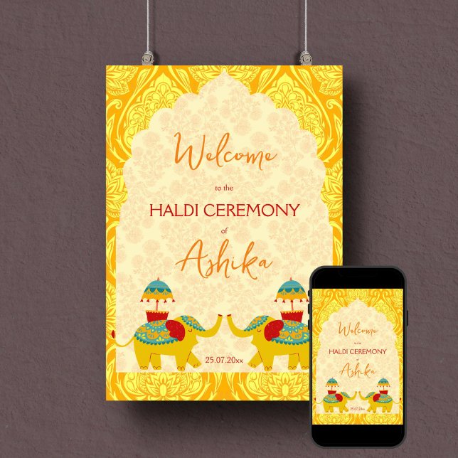 Haldi indische Hochzeitelefanten gelbes Begrüßungs Poster (Haldi welcome sign poster instant download yellow arch frame cute Indian wedding elephants)