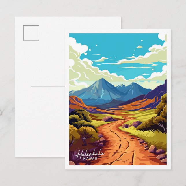 Haleakala Hawaii Reise Vintage Illustration Postkarte (Vorne/Hinten)