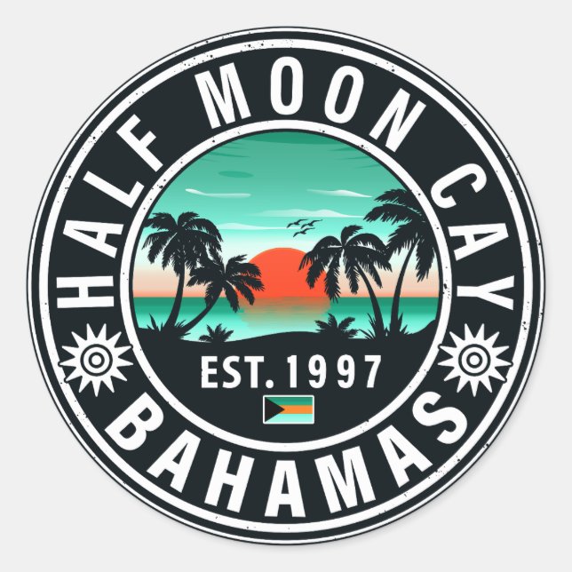Half Moon Cay Bahamas Retro Sunset Souvenirs 60er Runder Aufkleber (Vorderseite)
