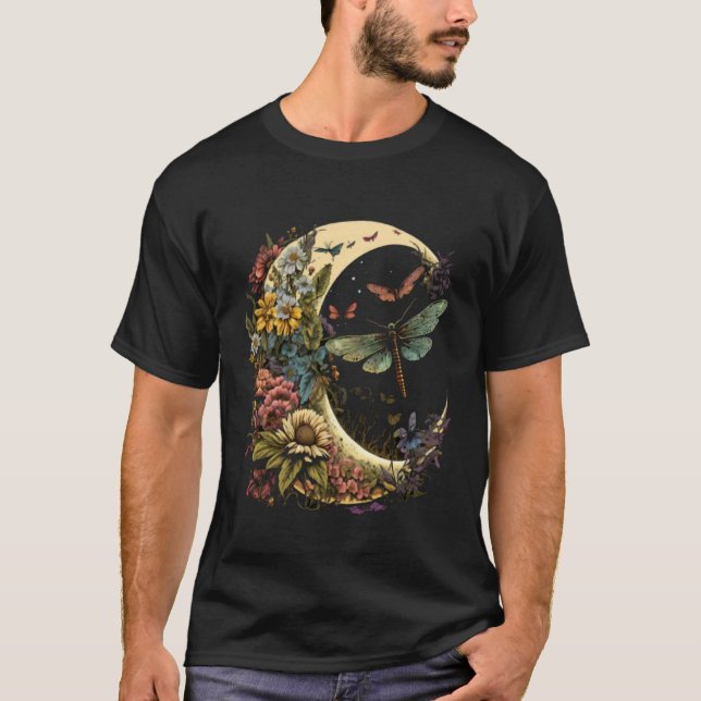Half Moon Dragonfly Insect Hippie Colorful Flowers T-Shirt (Vorderseite)