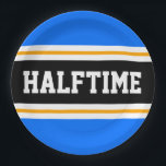 HALFTIME Hellblau Schwarz-weiß Gelbe Streifen Pappteller<br><div class="desc">Dieses sportliche,  sportliche Design zeichnet sich durch feinen HALFTIME-Text in einem hervorgehobenen,  schwarzen,  breiten Mittelstreifen mit weißen und gelben Pinstreifen gegen hellblaue Außenstreifen aus. Der Text kann personalisiert sein.</div>