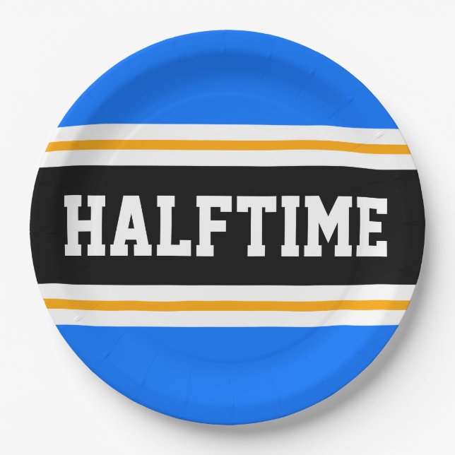 HALFTIME Hellblau Schwarz-weiß Gelbe Streifen Pappteller (Vorderseite)