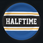 HALFTIME Schwarz-weiß-gelbe Party Streifen Pappteller<br><div class="desc">Dieses sportliche,  sportliche Design zeichnet sich durch feinen HALFTIME-Text in einem hervorgehobenen,  schwarzen,  breiten Mittelstreifen mit weißen und gelben Rennstreifen gegen tiefe blaue Außenstreifen aus. Der Text kann personalisiert sein.</div>