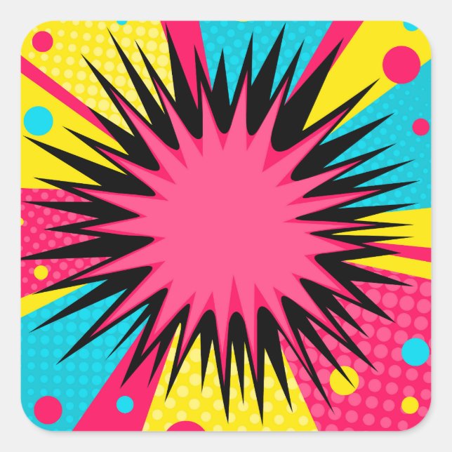 Halftone-Comic-Sonnenstrahlen-Rahmen Quadratischer Aufkleber (Vorderseite)