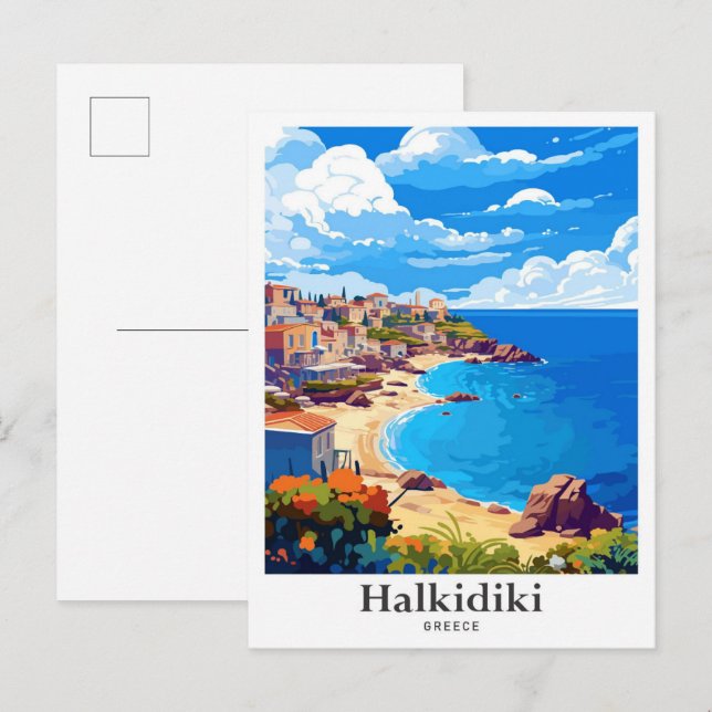 Halkidiki Griechenland Vintage Travel Illustration Postkarte (Vorne/Hinten)
