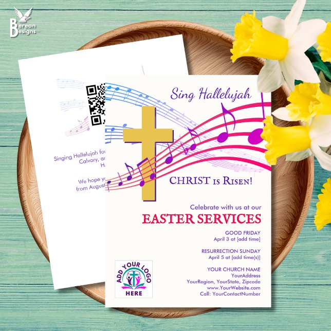 HALLELUJAH CHRIST IS RISEN QR Logo Church Easter  Einladung (Modern SING HALLELUJAH CHRIST IS RISEN Easter Church invitation with custom logo and QR code.)