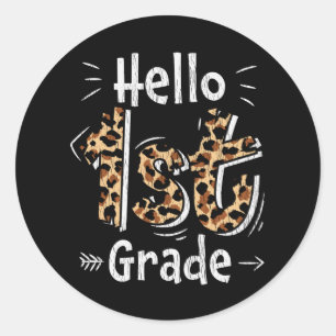 Hallo 1. Klasse Leopardendruck Zurück zur Schule M Runder Aufkleber