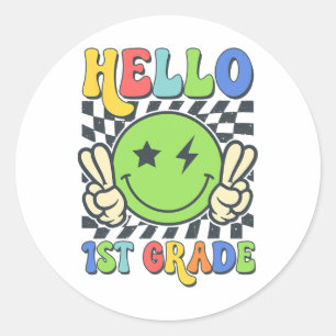 Hallo 1. Klasse Vibes Groovy Smiley Gesicht Zurück Runder Aufkleber