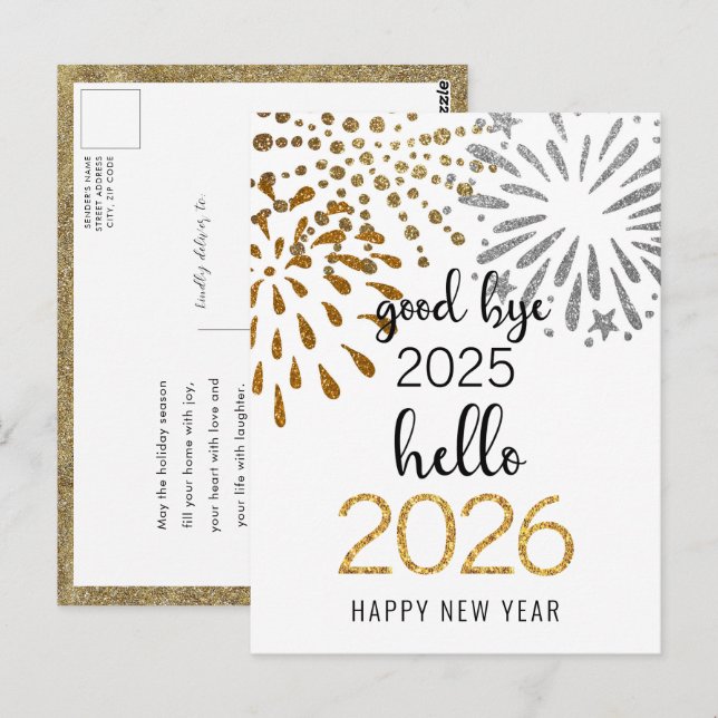 Hallo 2024 Gold Glitzer Neujahrsfestival Feuerwerk Postkarte (Vorne/Hinten)