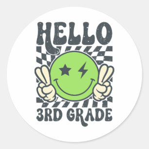 Hallo 3. Klasse Vibes Groovy Smiley Gesicht Zurück Runder Aufkleber