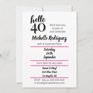 Hallo 40 - 40. Geburtstag Modernes Pink & Black Pa Einladung