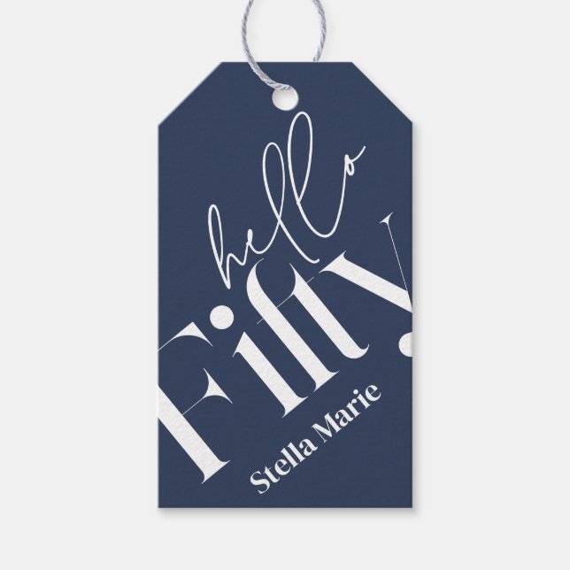 Hallo 50 moderne minimalmarineblau 50. Geburtstag Geschenkanhänger (Vorderseite)