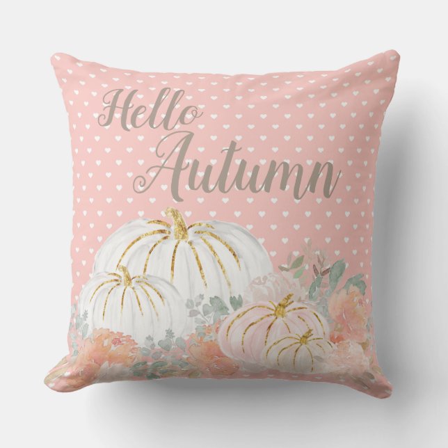Hallo Autumn Peach Pumpkin Polka Dot Pillow Kissen (Vorderseite)