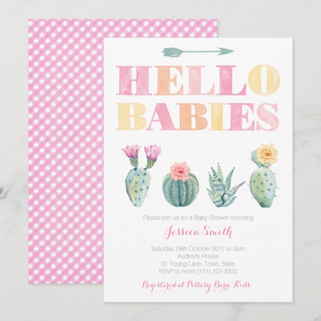 Hallo Babies! Farbenfrohe Cactus Twins Baby Shower Einladung (Vorne/Hinten)