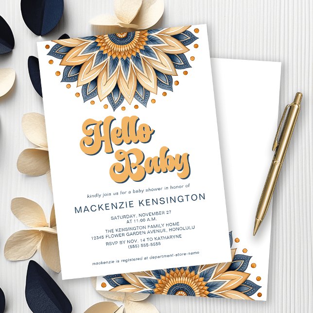 Hallo Baby Blue Gold Retro Hippie Baby Dusche Einladung (Hello Baby! Navy Blue and Gold Boho Sunflower Baby Shower Invitation)