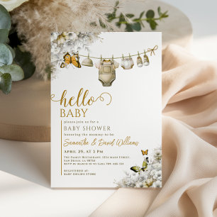 Hallo Baby Botanische Kleidung Neutrale Babyparty Einladung