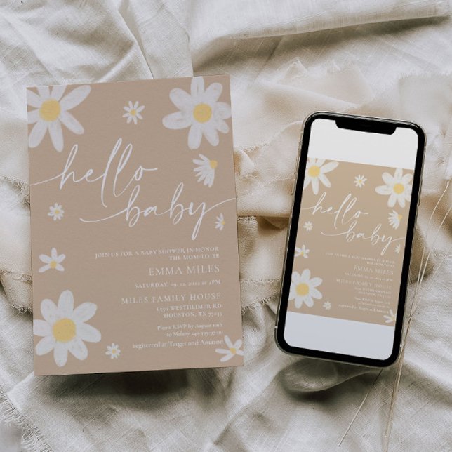 Hallo Baby Daisy Beige Baby Dusche Einladung (Von Creator hochgeladen)