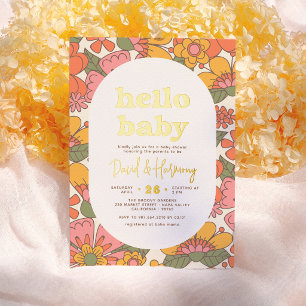 Hallo Baby   Groovy Retro Florales Gold Babyshower Folieneinladung