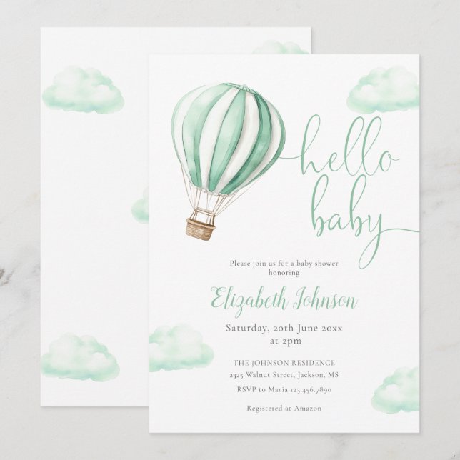 Hallo Baby Hot Air Ballon Neutral Baby Dusche Einladung (Vorne/Hinten)