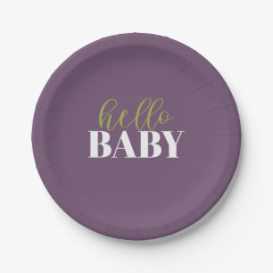 Hallo Baby   lila und grüne Baby-Dusche Pappteller