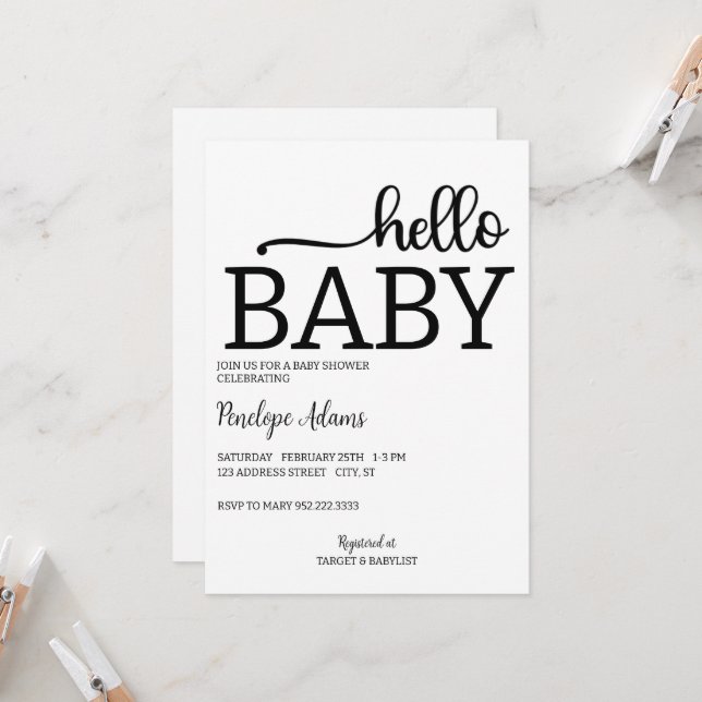 Hallo Baby Minimalistisch Baby Dusche Einladung (Vorderseite/Rückseite Beispiel)
