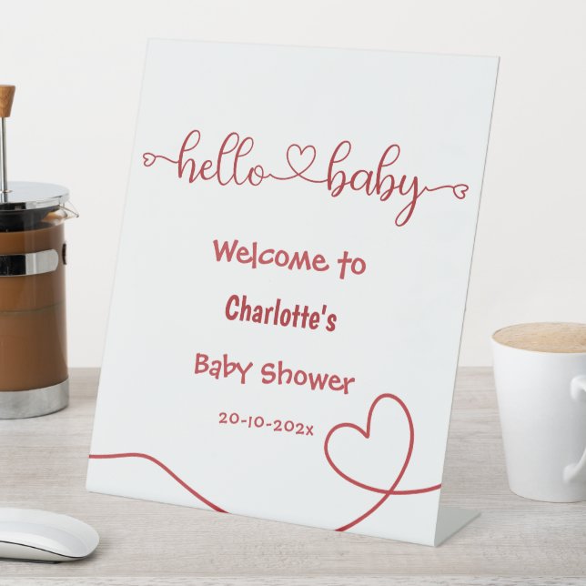 Hallo Baby Red Heart Minimal Baby Dusche Willkomme Sockelschild (In Situ)