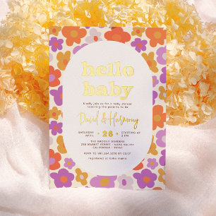 Hallo Baby Retro Gänseblümchen Gold geprägte Babyp Folieneinladung