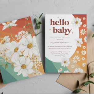 Hallo Baby   Retro Gänseblümchen Regenbogen Baby S Einladung