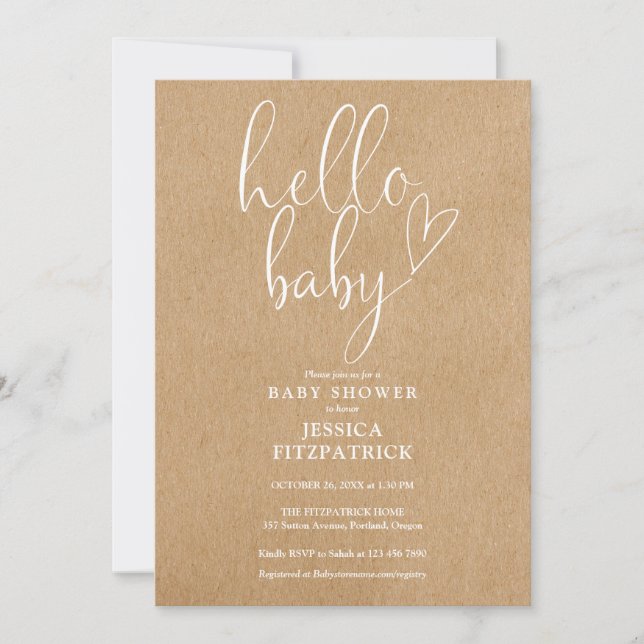 Hallo Baby Rustic Kraft All in One Baby Dusche Einladung (Vorderseite)