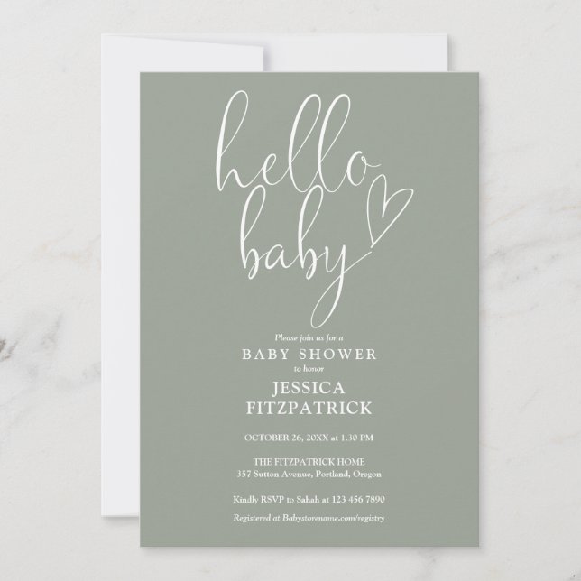 Hallo Baby Sage Green Gender Neutral Baby Dusche Einladung (Vorderseite)