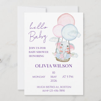 Hallo Baby Shower Elefant im Luftballon Einladung
