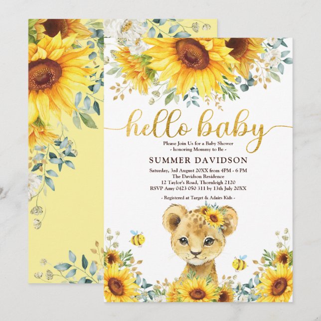 Hallo Baby Sunflower Lion Cub Jungle Dusche Einladung (Vorne/Hinten)