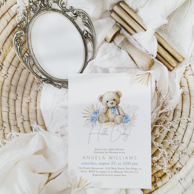 Hallo Baby Teddy Bear Boho Blue Boy Baby Shower Einladung (Von Creator hochgeladen)