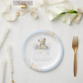 Hallo Baby Teddy Bear Boho Blue Boy Baby Shower Pappteller