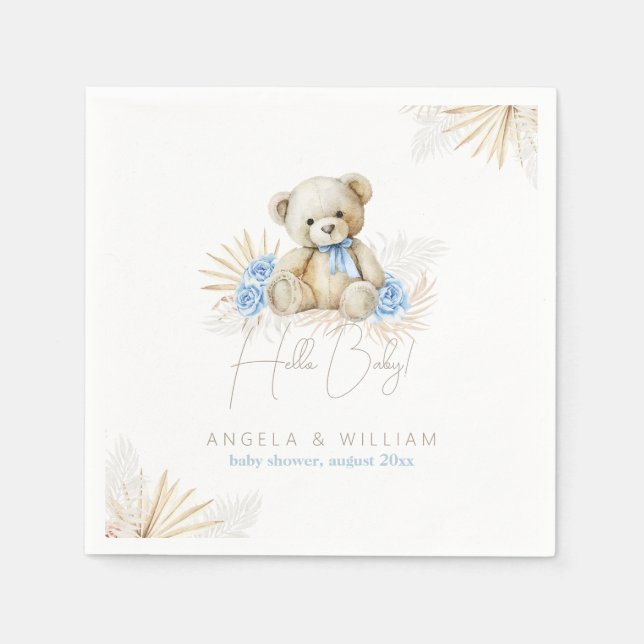 Hallo Baby Teddy Bear Boho Blue Boy Baby Shower Serviette (Vorderseite)