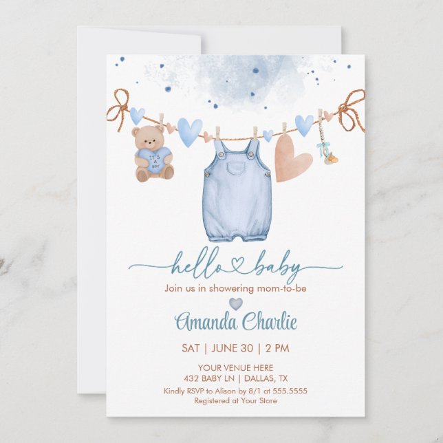 Hallo Baby Valentinstag Blue Boy Baby Dusche Einladung (Vorderseite)