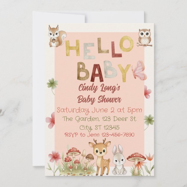 Hallo Baby Wasserfarbenwald tierische Babydusche Einladung (Vorderseite)