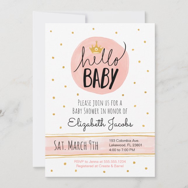 Hallo Baby Watercolor Pink & Gold Baby Dusche Einladung (Vorderseite)
