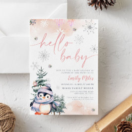 Hallo Baby, Winter Penguin Babydusche pink Einladung